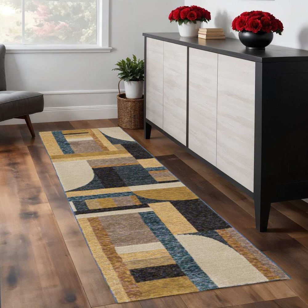 8' Runner Blue and Beige Geometric Power Loom Runner Rug - Homeroots - Flyclothing LLC
