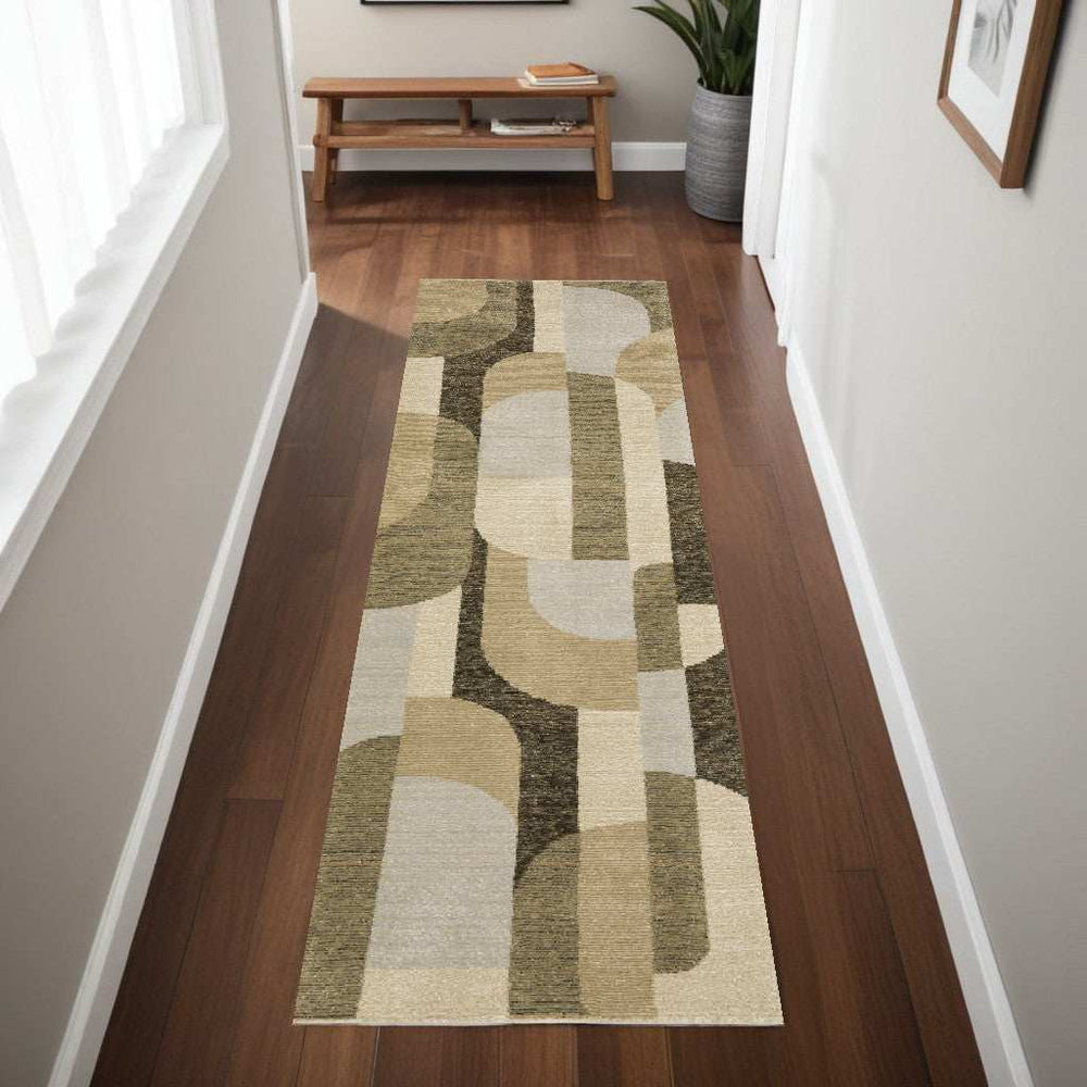 8' Runner Green and Ivory Geometric Power Loom Runner Rug - Homeroots - Flyclothing LLC