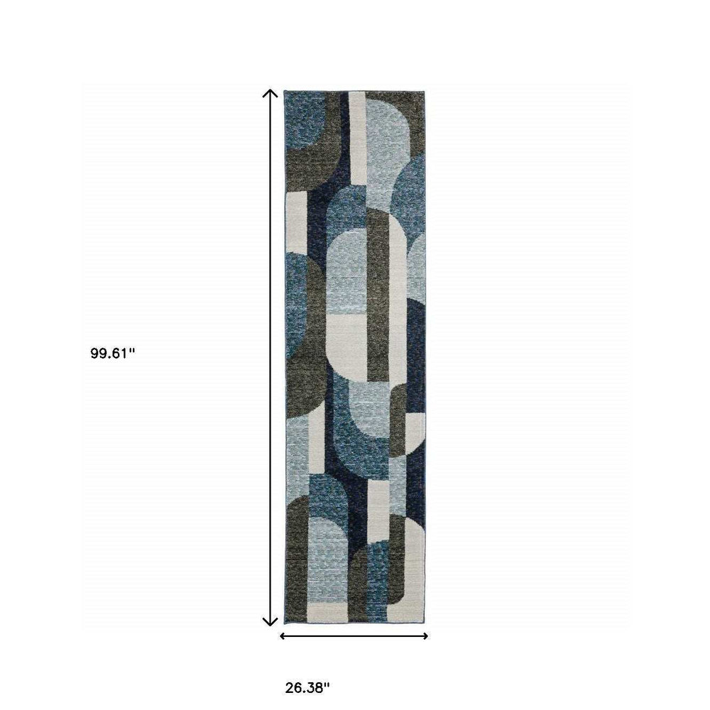 8' Runner Blue and Ivory Geometric Power Loom Runner Rug - Homeroots - Flyclothing LLC