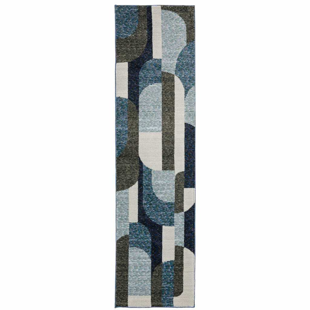 8' Runner Blue and Ivory Geometric Power Loom Runner Rug - Homeroots - Flyclothing LLC