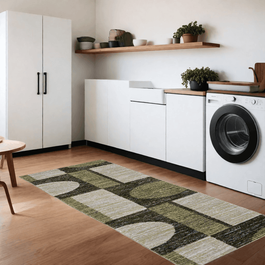 8' Runner Blue and Beige Geometric Power Loom Runner Rug - Homeroots - Flyclothing LLC