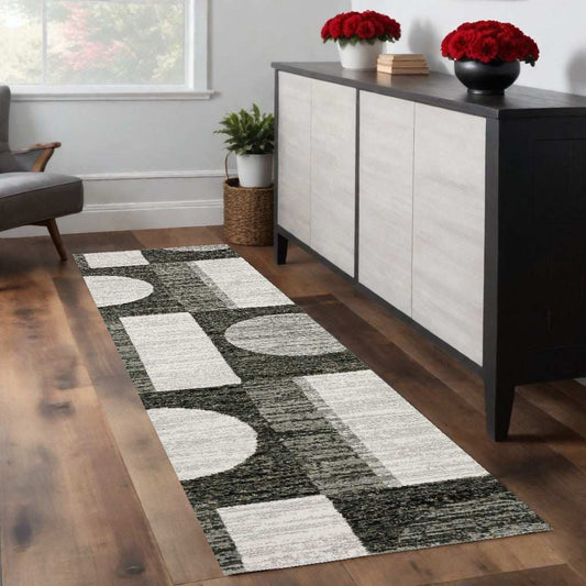 8' Runner Gray and Ivory Geometric Power Loom Runner Rug - Homeroots - Flyclothing LLC