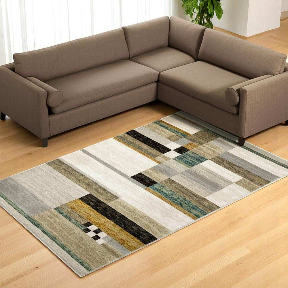 7' X 10' Beige Gold Black Grey Tan Teal and Rust Geometric Power Loom Area Rug - Homeroots - Flyclothing LLC