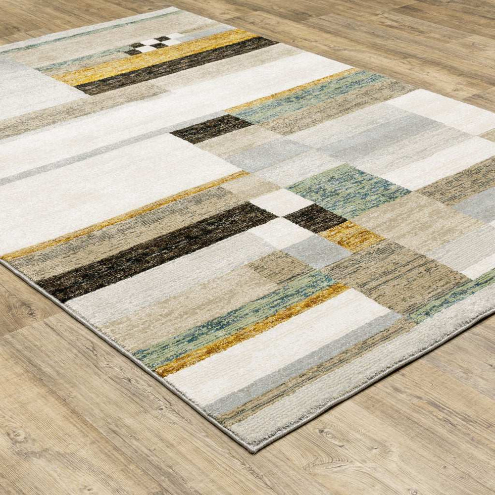 7' X 10' Beige Gold Black Grey Tan Teal and Rust Geometric Power Loom Area Rug - Homeroots - Flyclothing LLC