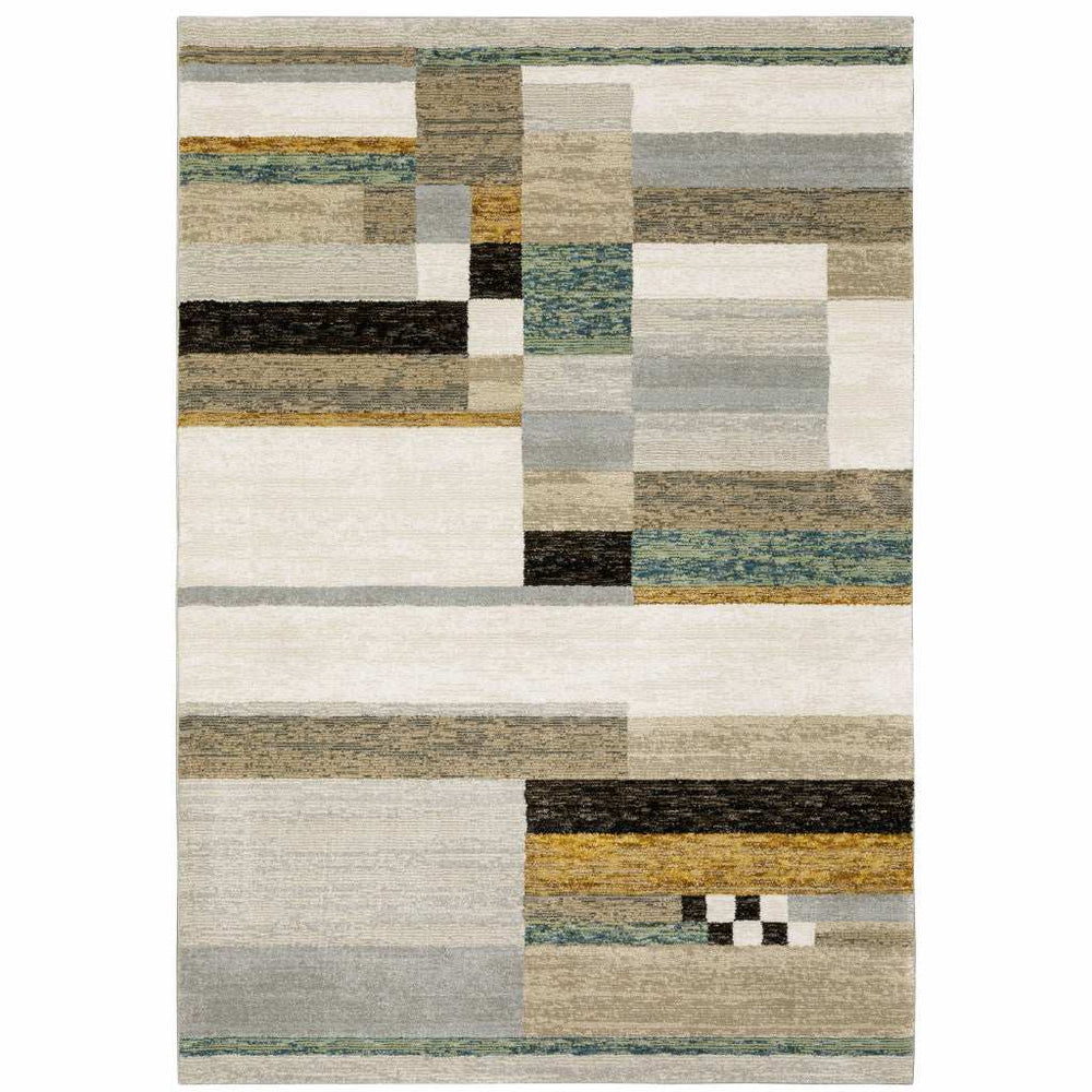 8' X 11' Beige Gold Black Grey Tan Teal and Rust Geometric Power Loom Area Rug - Homeroots - Flyclothing LLC