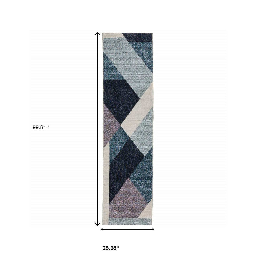 8' Runner Blue Purple Grey and Teal Geometric Power Loom Runner Rug - Homeroots - Flyclothing LLC
