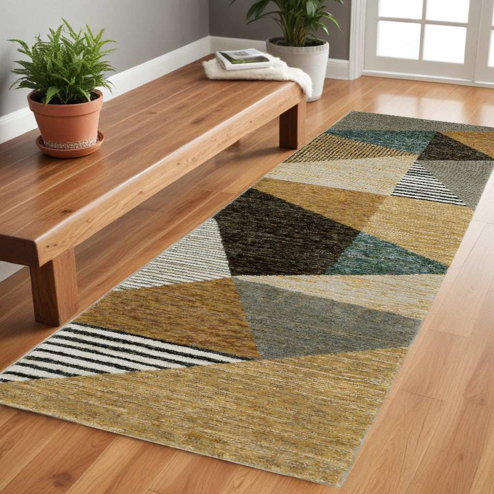 8' Runner Blue and Beige Geometric Power Loom Runner Rug - Homeroots - Flyclothing LLC