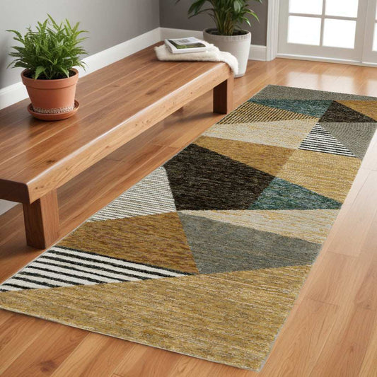 8' Runner Blue and Beige Geometric Power Loom Runner Rug - Homeroots - Flyclothing LLC