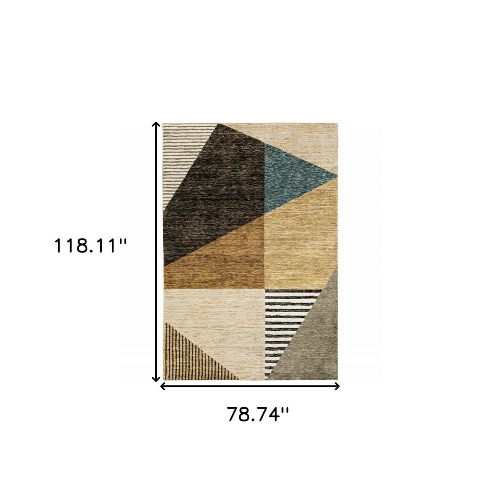 7' X 10' Gold Brown Blue Charcoal Rust and Beige Geometric Power Loom Area Rug - Homeroots - Flyclothing LLC