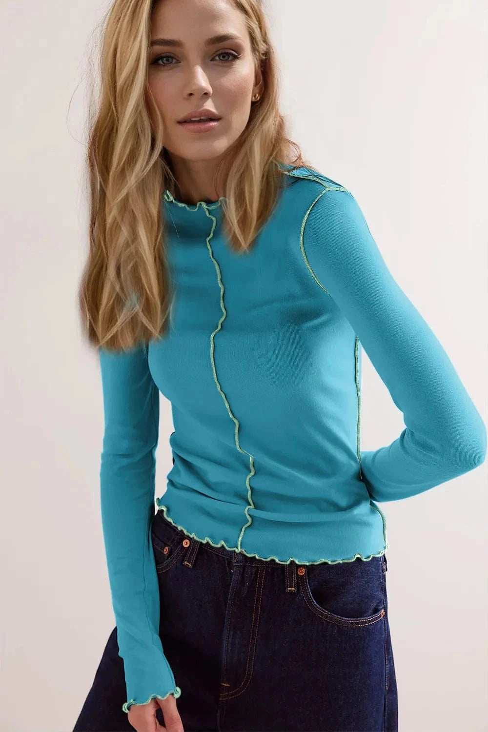 Basic Bae Contrast Trim Mock Neck Long Sleeve T-Shirt - Trendsi - Flyclothing LLC