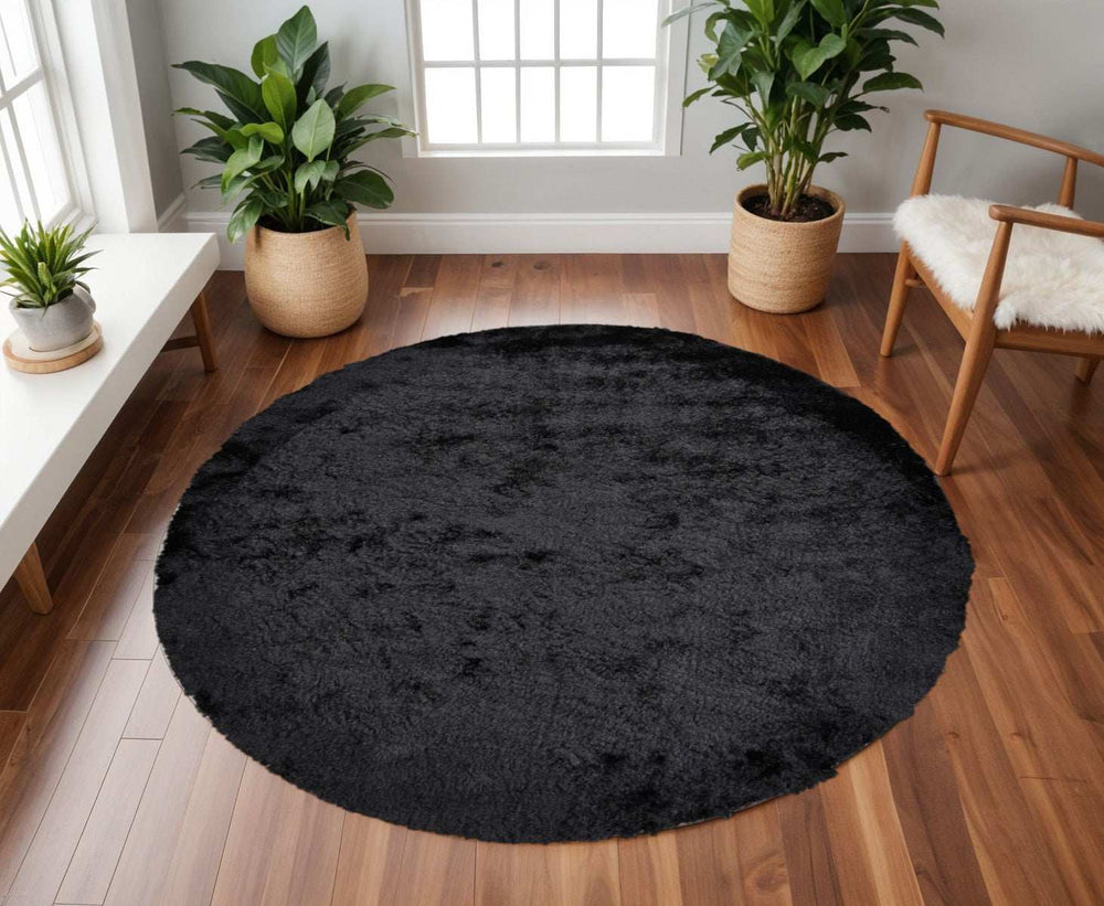 8' Black Round Shag Tufted Handmade Area Rug - Homeroots - Flyclothing LLC