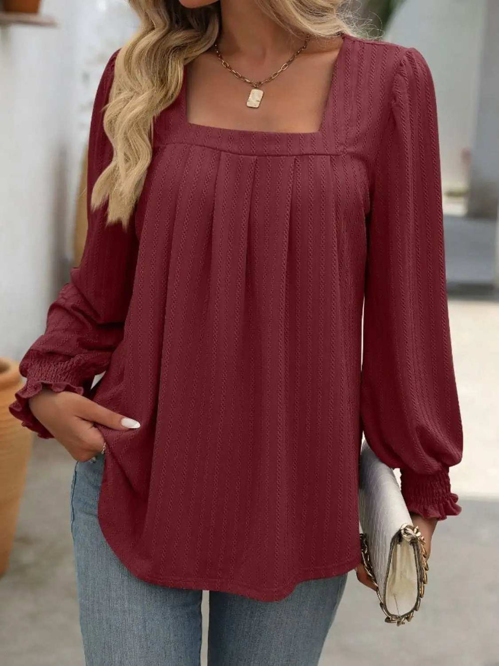 Square Neck Long Sleeve Top - Trendsi - Flyclothing LLC
