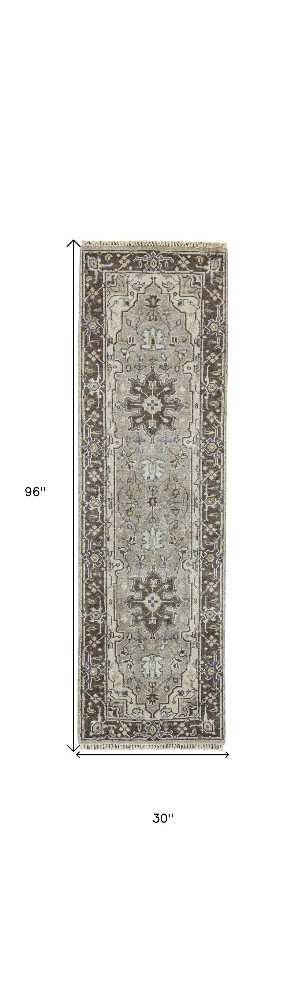 8' Beige Blue and Gray Medallion Hand Knotted Runner Rug With Fringe - Homeroots - Flyclothing LLC