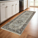 8' Beige Blue and Gray Medallion Hand Knotted Runner Rug With Fringe - Homeroots - Flyclothing LLC