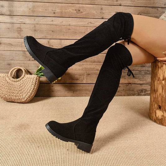 Round Toe Suede Low Heel Boots - Trendsi - Flyclothing LLC