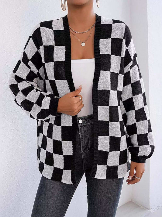 Checkerboard Pattern Open Front Knit Cardigan - Trendsi - Flyclothing LLC