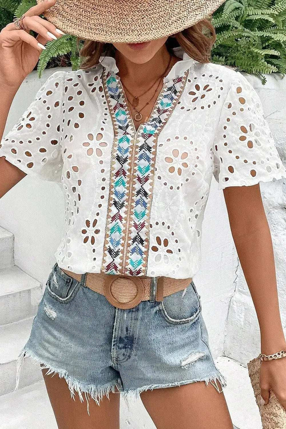 Eyelet Frill Short Sleeve Blouse - Trendsi - Flyclothing LLC