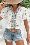 Eyelet Frill Short Sleeve Blouse - Trendsi - Flyclothing LLC
