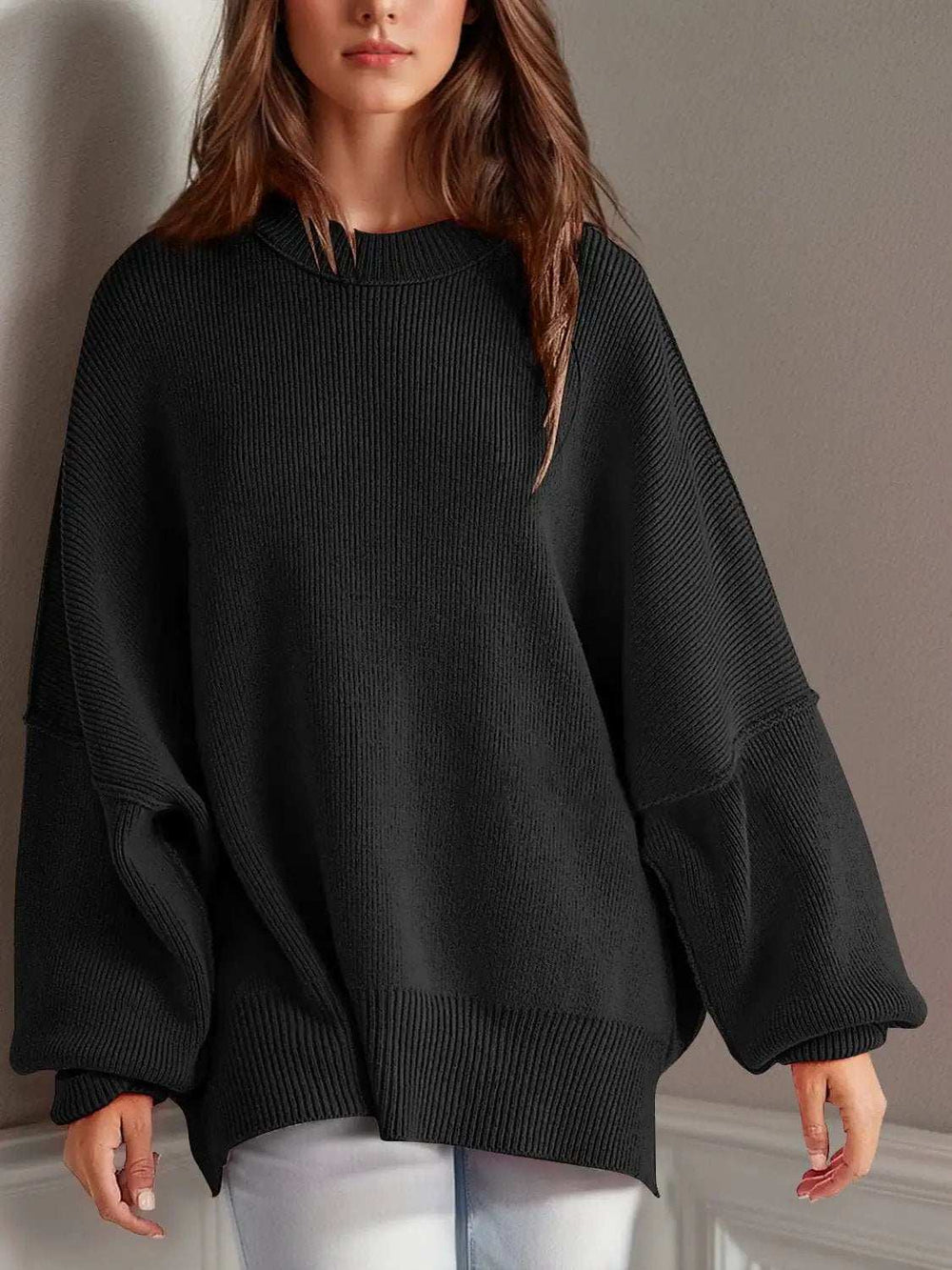 Double Take Side Slit Round Neck Long Sleeve Sweater - Trendsi - Flyclothing LLC