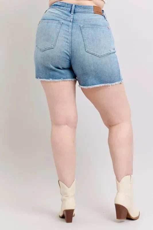 Judy Blue Full Size High Waist Western Embroidery Detail Cut Off Denim Shorts Plus Size - Trendsi - Flyclothing LLC