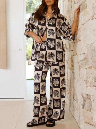 Printed Collared Neck Top and Wide Leg Pants Set - Trendsi - Flyclothing LLC