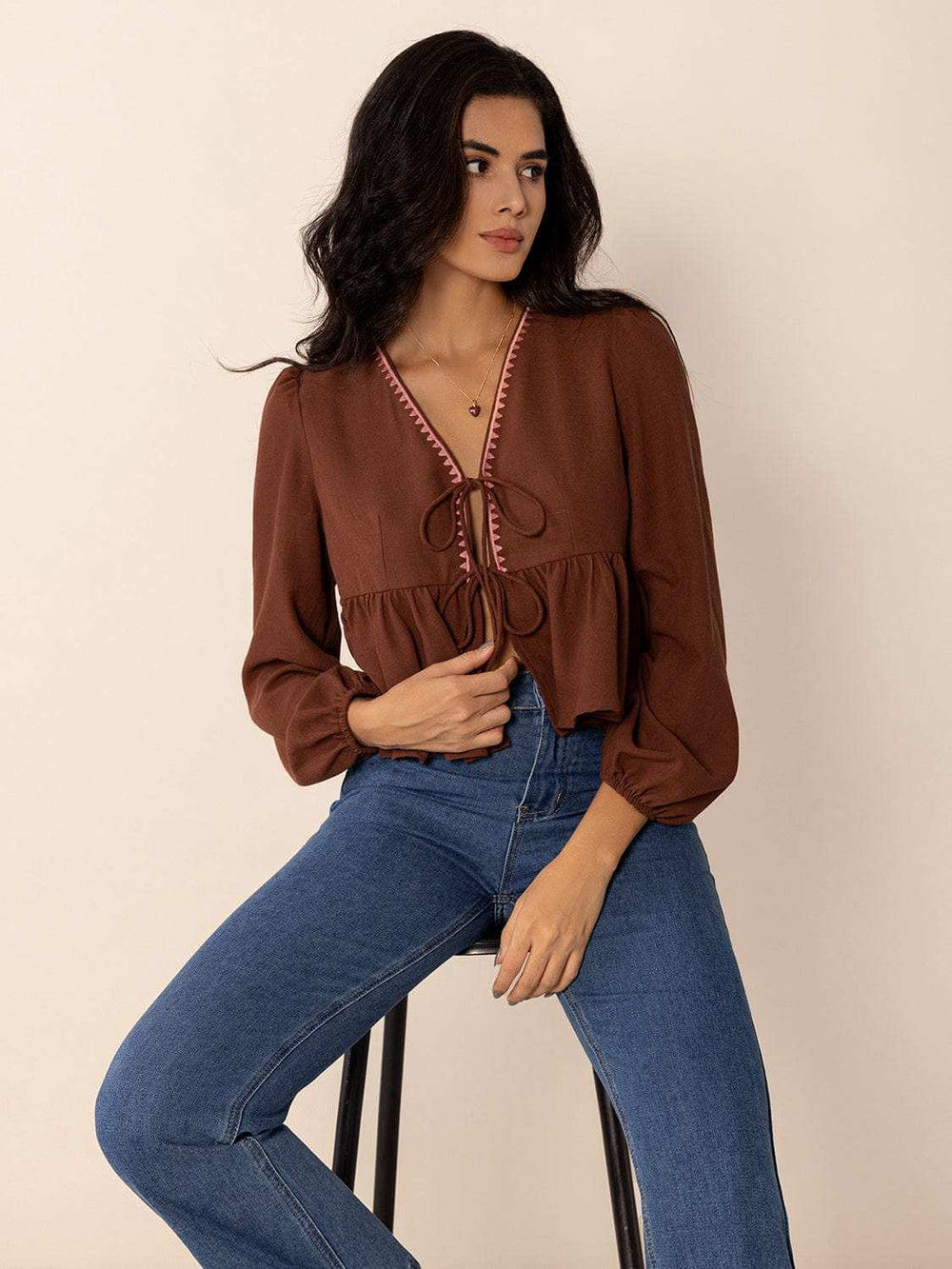 Peplum Tied V-Neck Long Sleeve Blouse - Trendsi - Flyclothing LLC