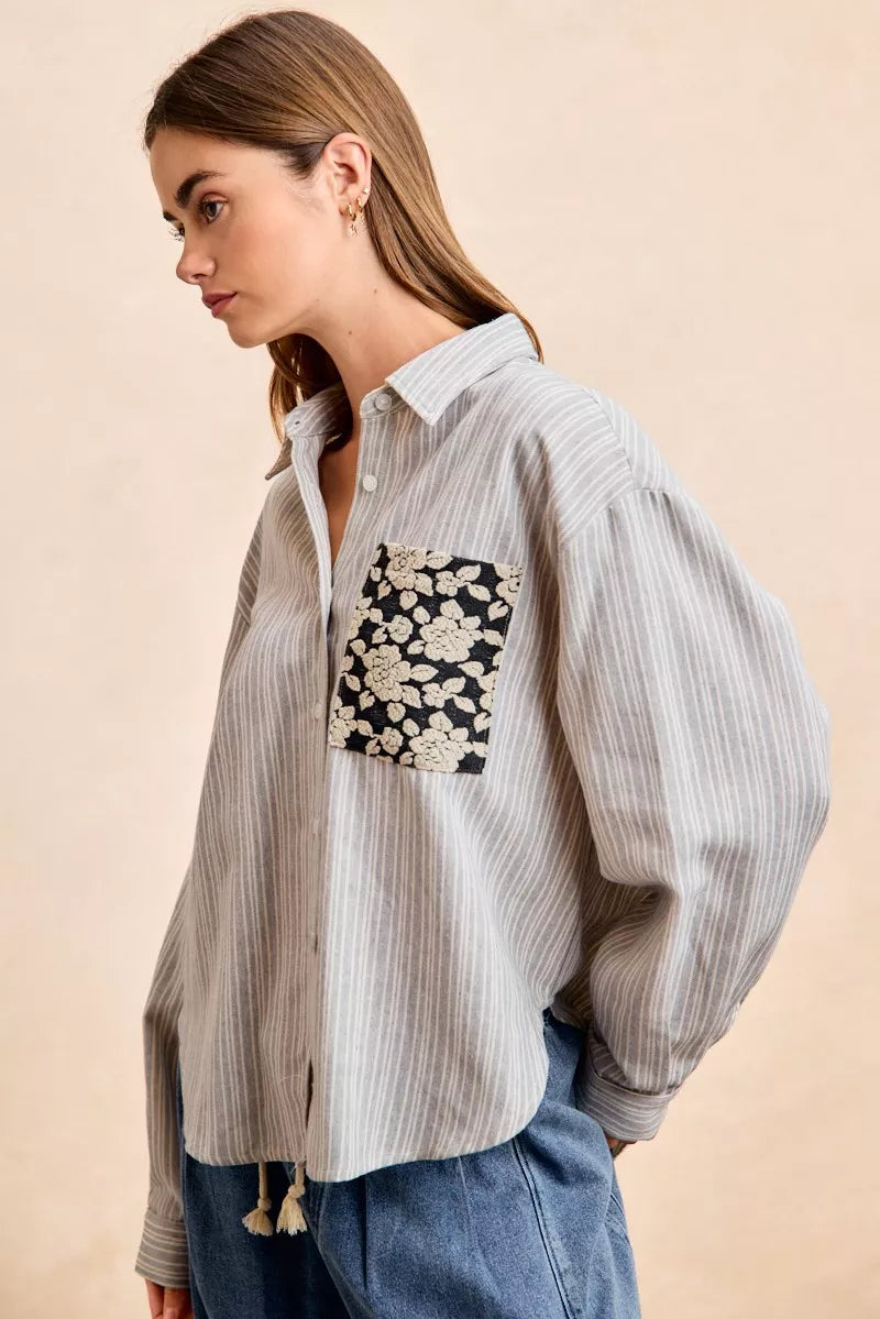 BiBi Flower Jacquard Knit Patch Pocket Stripe Shirt - Trendsi - Flyclothing LLC