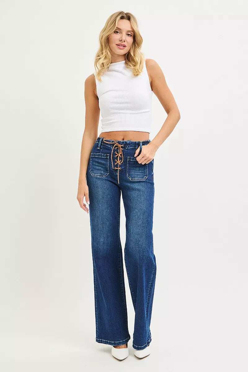 RISEN Full Size High Rise Wide Leg Jeans with Front Tie Detail Plus Size - Trendsi - Flyclothing LLC