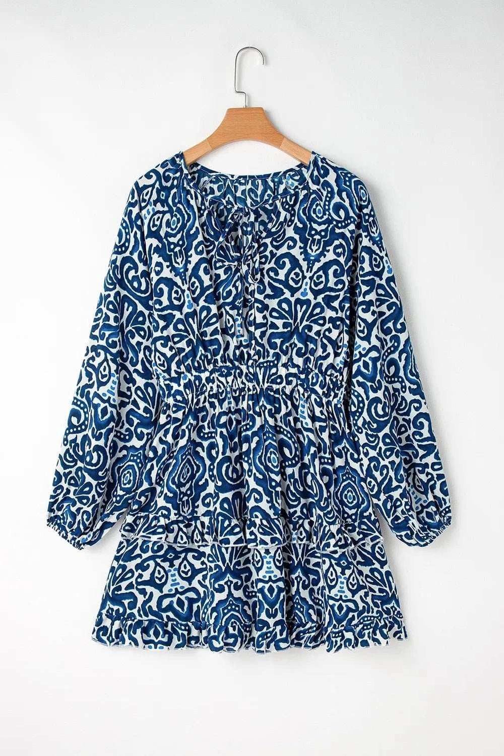 Printed Tie Neck Long Sleeve Dress - Trendsi - Flyclothing LLC