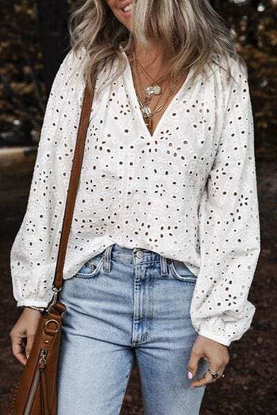 Eyelet V-Neck Long Sleeve Blouse - Trendsi - Flyclothing LLC