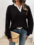 Lace Detail Notched Long Sleeve Sweater - Trendsi - Flyclothing LLC