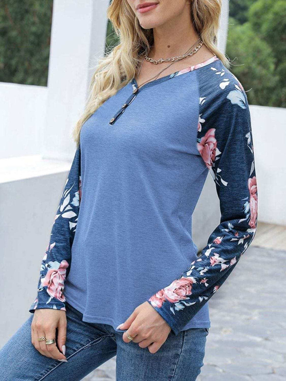 V-Neck Floral Long Sleeve T-Shirt - Trendsi - Flyclothing LLC