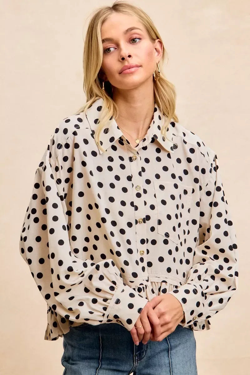 BiBi Crinkle Polka Dot Ruffled Hem Button Up Shirt Top - Trendsi - Flyclothing LLC