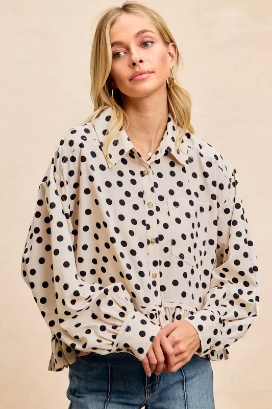 BiBi Crinkle Polka Dot Ruffled Hem Button Up Shirt Top - Trendsi - Flyclothing LLC