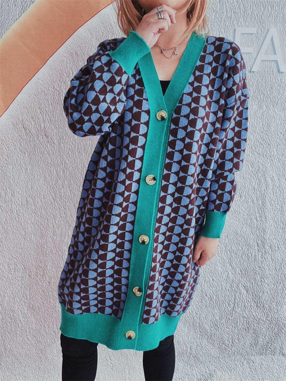 Contrast Trim Geometric Button Down Cardigan - Trendsi - Flyclothing LLC