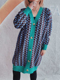Contrast Trim Geometric Button Down Cardigan - Trendsi - Flyclothing LLC