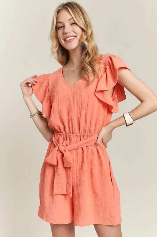 ADORA Ruffle Sleeves Romper with Pockets - Trendsi - Flyclothing LLC