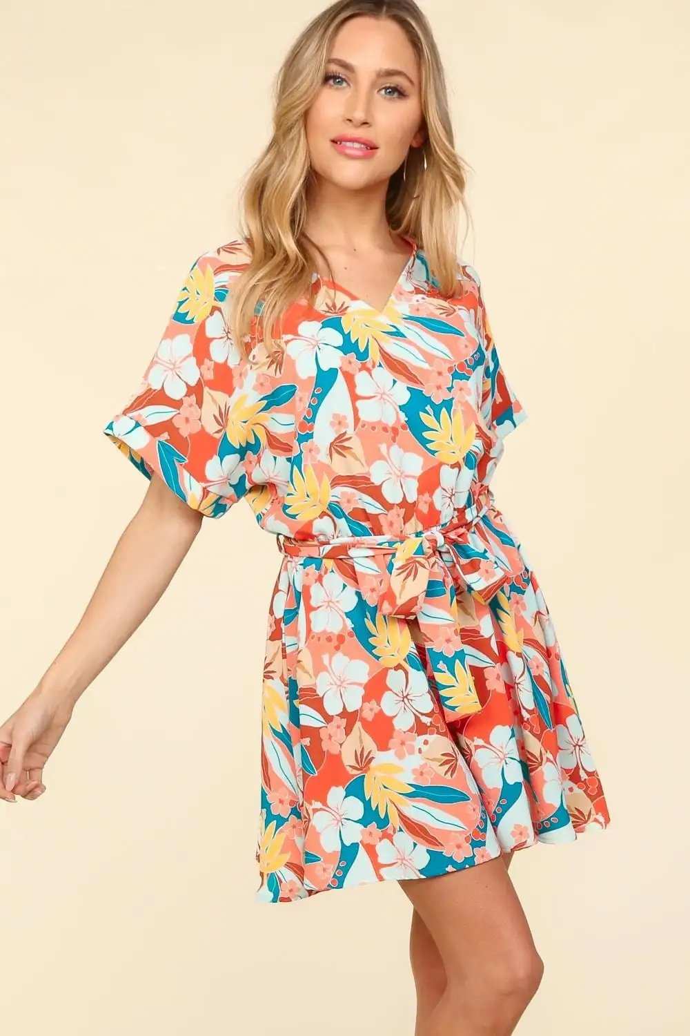 Haptics Tropical Floral Short Sleeve Tied Romper - Trendsi - Flyclothing LLC