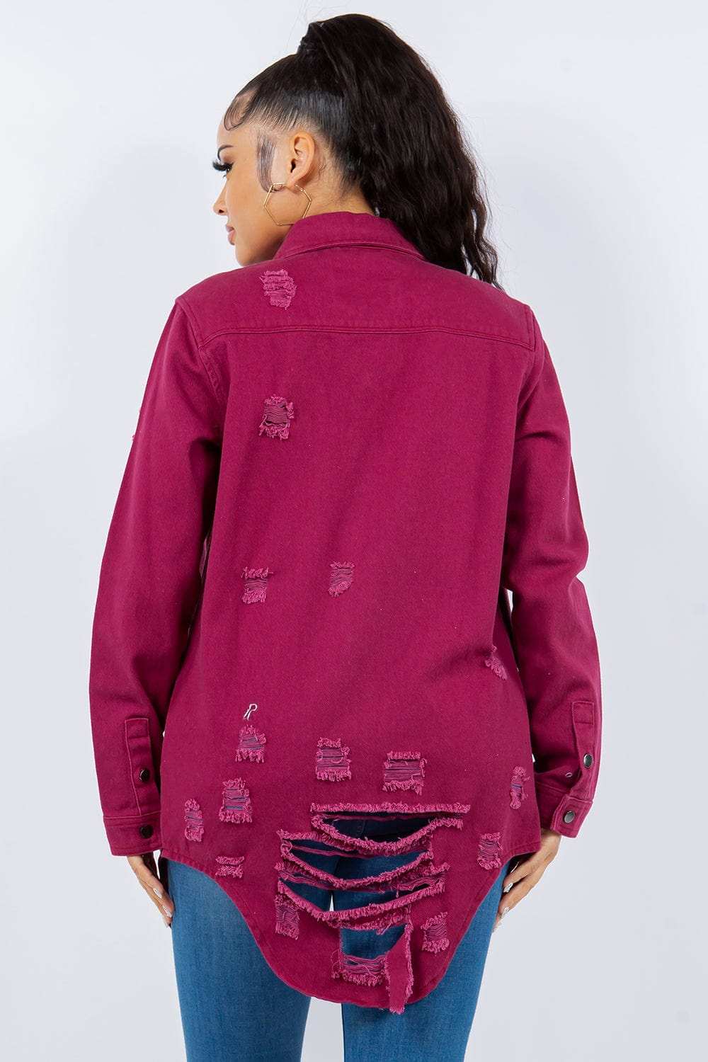 American Bazi Distressed Button Up Long Sleeve Denim Jacket - Trendsi - Flyclothing LLC