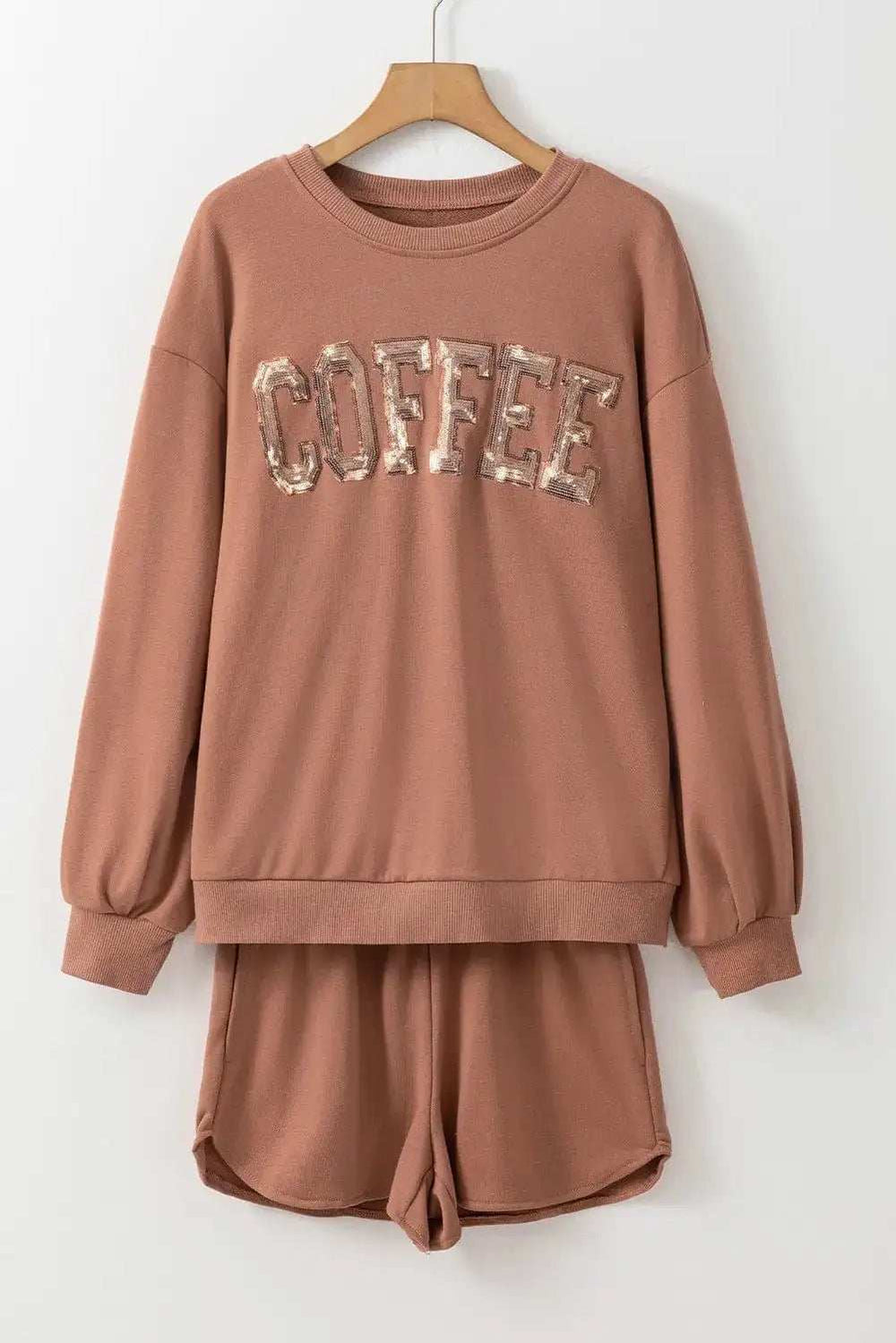 COFFEE Sequin Round Neck Long Sleeve Top and Shorts Set - Trendsi - Flyclothing LLC