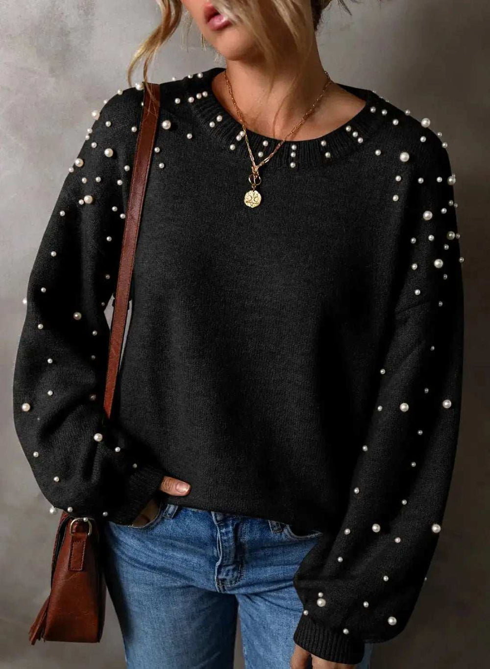 Pearl Detail Round Neck Long Sleeve Sweater - Trendsi - Flyclothing LLC