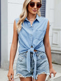Collared Neck Sleeveless Denim Top - Trendsi - Flyclothing LLC