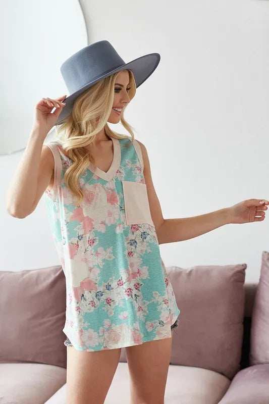 BiBi Multi Color Flower Printed Tank with Contrast Band - Trendsi - Flyclothing LLC