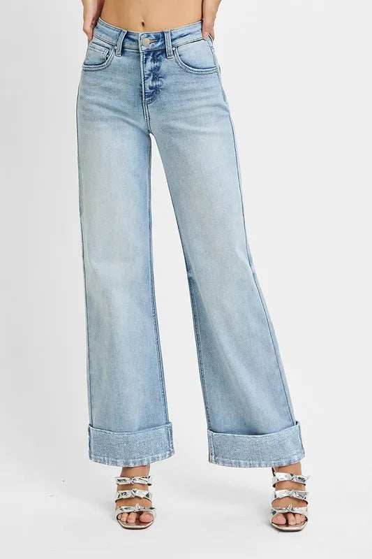 RISEN Full Size Tummy Control High Rise Ankle Wide Cuffed Jeans Plus Size - Trendsi - Flyclothing LLC