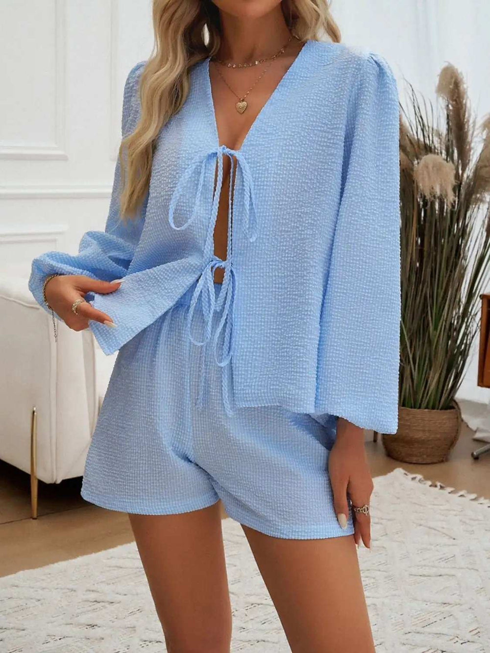 Tied Long Sleeve Top and Shorts Set - Trendsi - Flyclothing LLC
