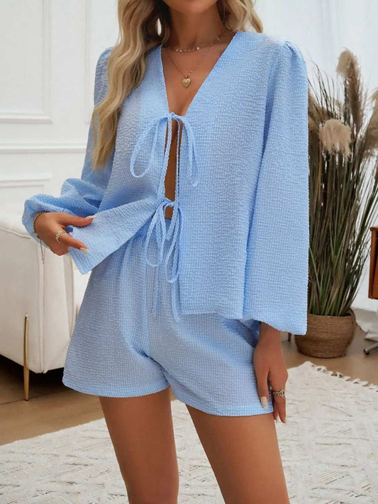 Tied Long Sleeve Top and Shorts Set - Trendsi - Flyclothing LLC