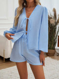 Tied Long Sleeve Top and Shorts Set - Trendsi - Flyclothing LLC