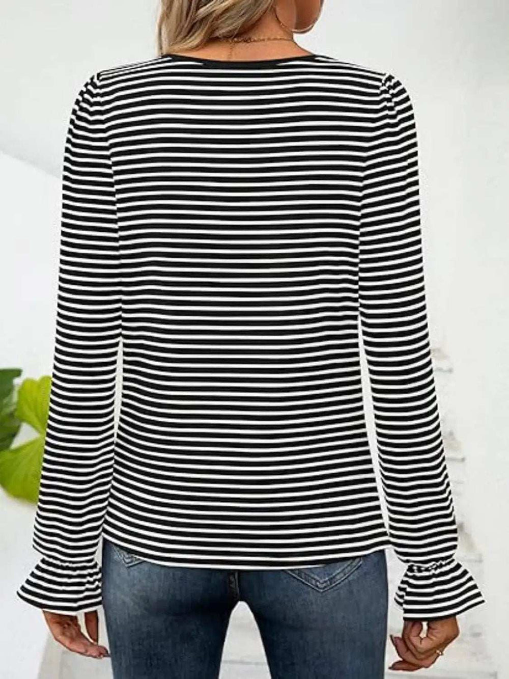 Striped Square Neck Flounce Sleeve Top - Trendsi - Flyclothing LLC