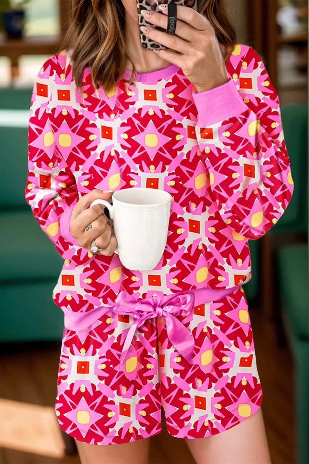 Geometric Round Neck Top and Shorts Set - Trendsi - Flyclothing LLC