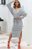 Surplice Neck Bow Waist Slit Sweater Dress - Trendsi - Flyclothing LLC
